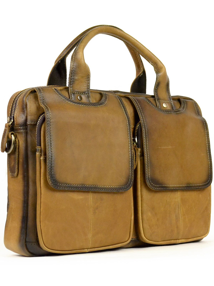 Мужская сумка портфель из натуральной кожи светло-коричневый 36x25x6см  #1