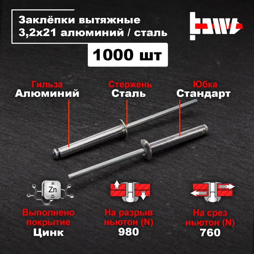 Заклёпки вытяжные для заклёпочника алюминиевые 3,2х21 1000шт  #1