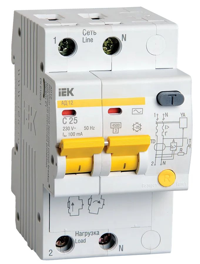 Дифференциальный автоматический выключатель АД12 2Р 25А 100мА IEK, 1 шт.