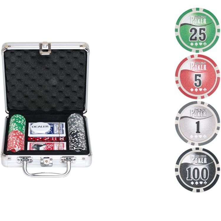 Покерный набор NUTS 100 фишек 11.5г, с номиналом, в алюминиевом кейсе, Сукно в подарок , Премиум набор #1
