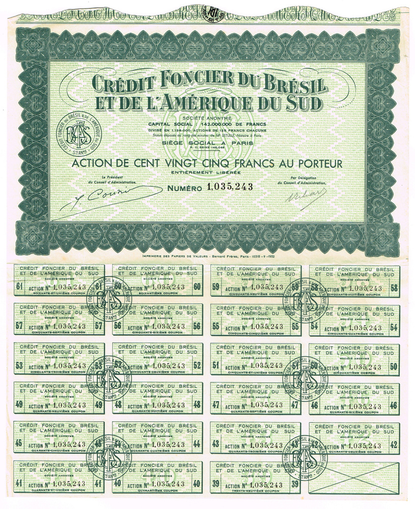 Ценная бумага Акция на 125 французских франков Земельный кредит Бразилии и Южной Америки 1952 года. № #1