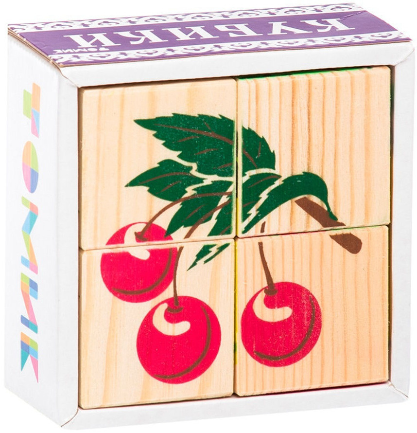 Деревянные логические кубики Томик "Фрукты-ягоды" 4 элемента, собери картинку  #1