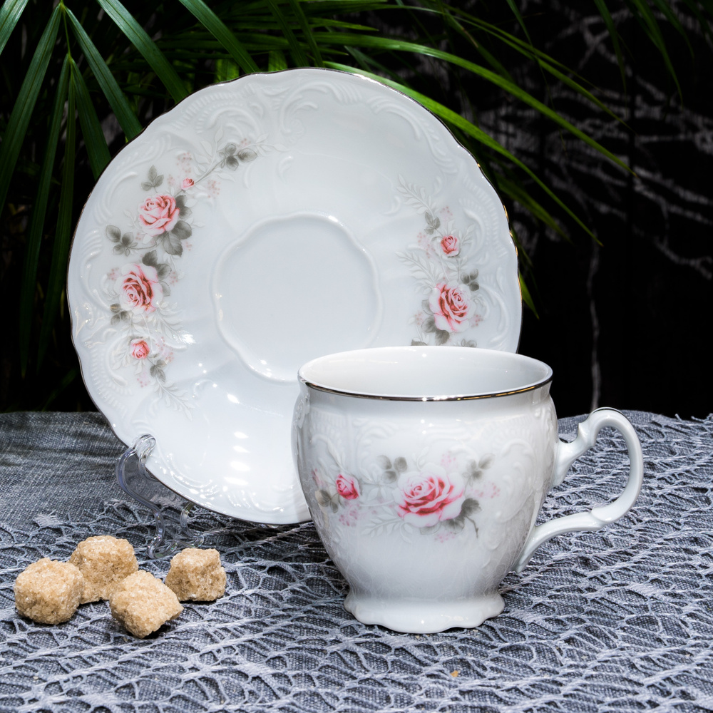 Кофейная пара Бернадотт Бледные розы Платина, набор для чаепития на 1 персону: чашка 170 мл, блюдце из #1