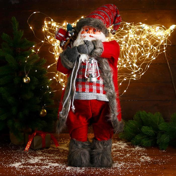 Дед Мороз "В красном клетчатом свитере, с фонариком" 60 см  #1