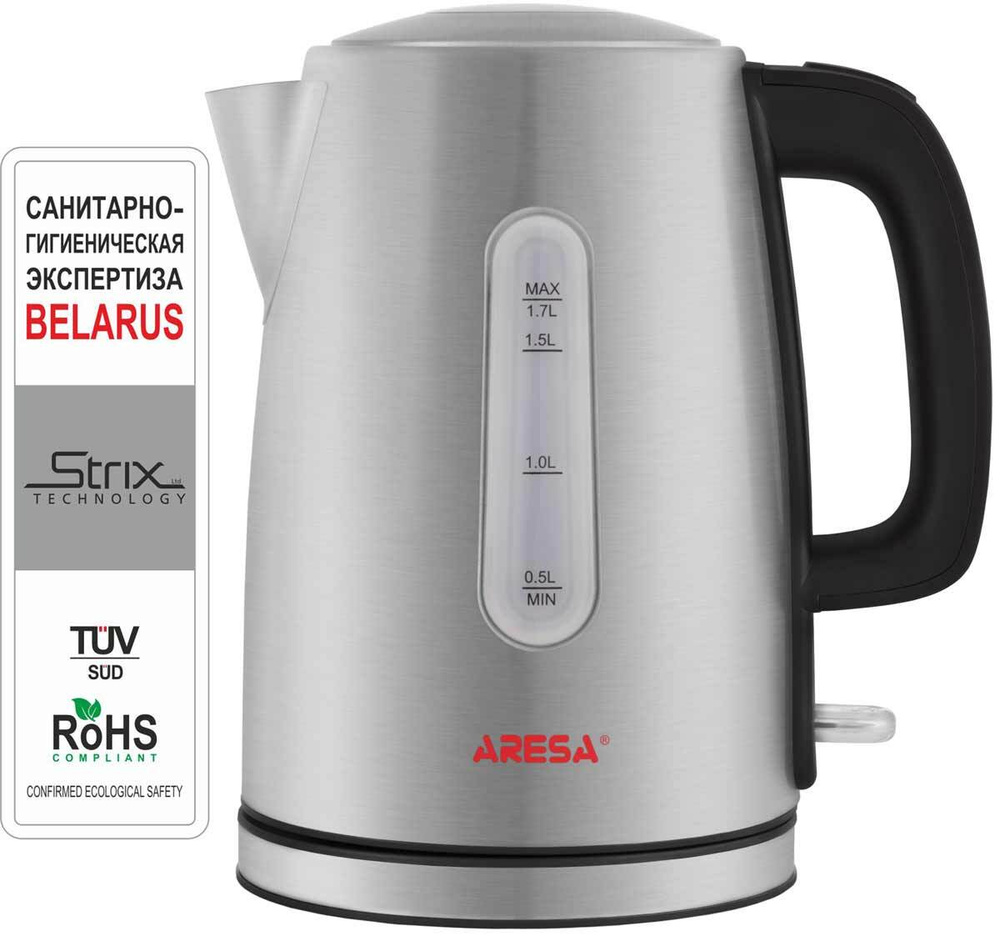 Чайник электрический ARESA AR-3437, 1,7 л., стальной корпус, серебристый  #1