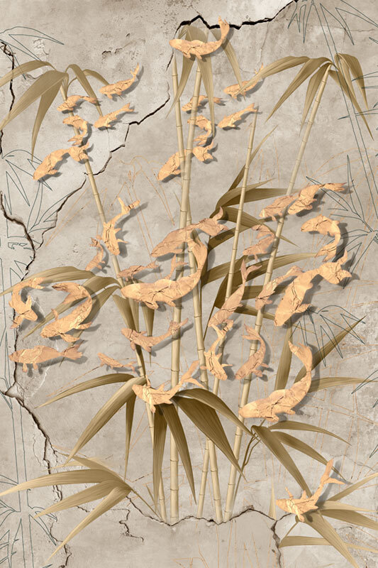 Фотообои флизелиновые на стену 3д GrandPik 17149 "Золотые рыбки в бамбуке", (ШхВ) 200х300 см  #1