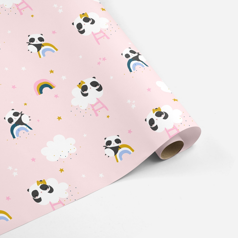 Бумага упаковочная универсальная детская декоративная, панды на розовом 70*100 см  #1