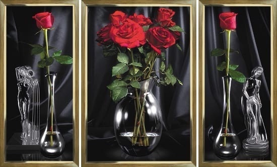 Картина Триптих Красные розы в стеклянных вазах #1