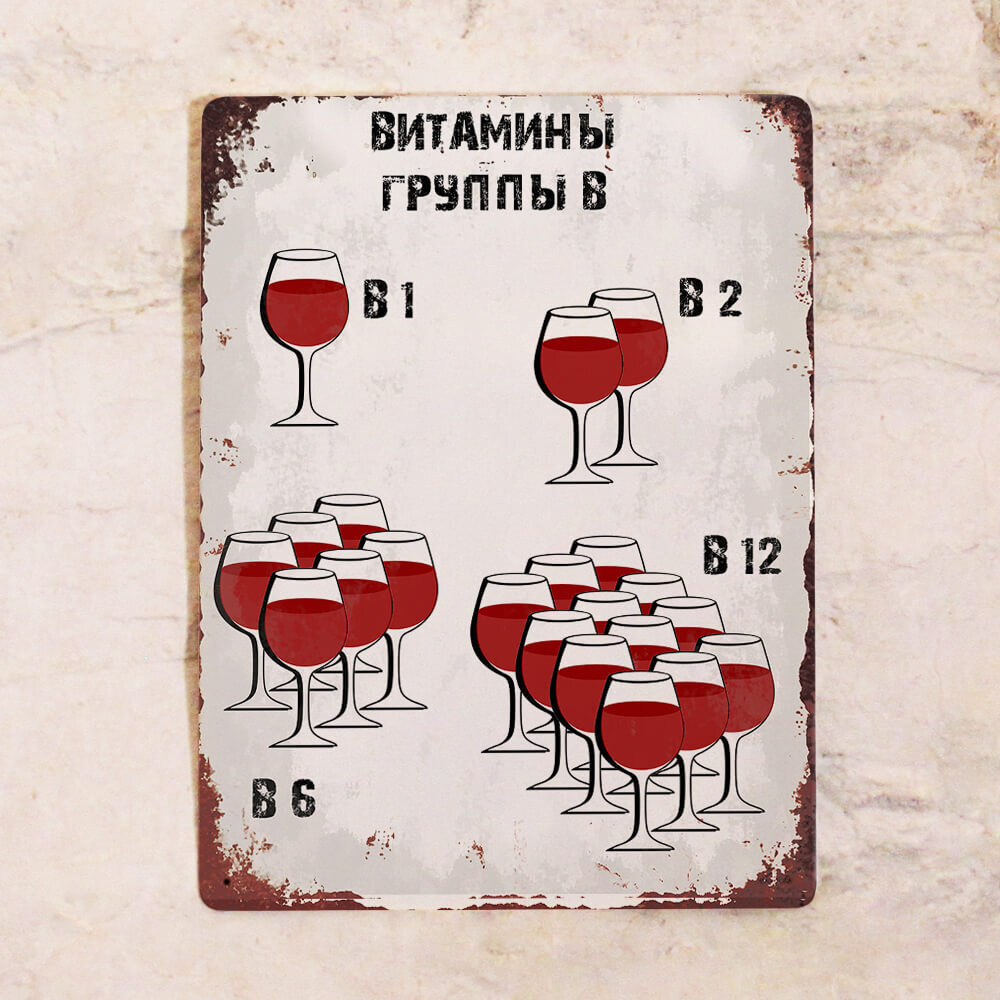 Прикольная жестяная табличка Витамины группы В про вино, металл, 20х30 см.  #1