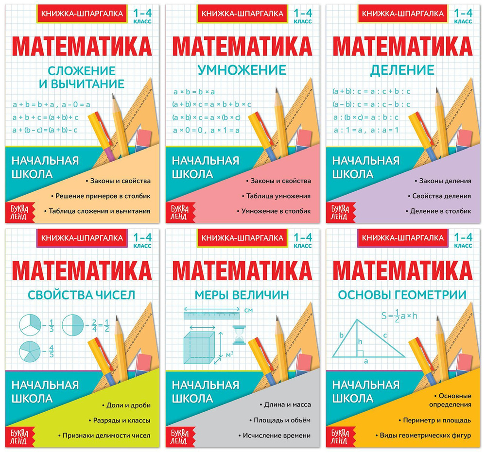 Набор шпаргалок "Основы математики" для детей 1-4 кл., конспект с правилами, подготовка к контрольной #1