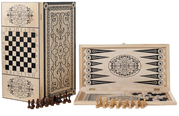 Игра 3в1 большая с походными деревянными шахматами (нарды, шахматы, шашки) "Орнамент" (600*300*40)  #1
