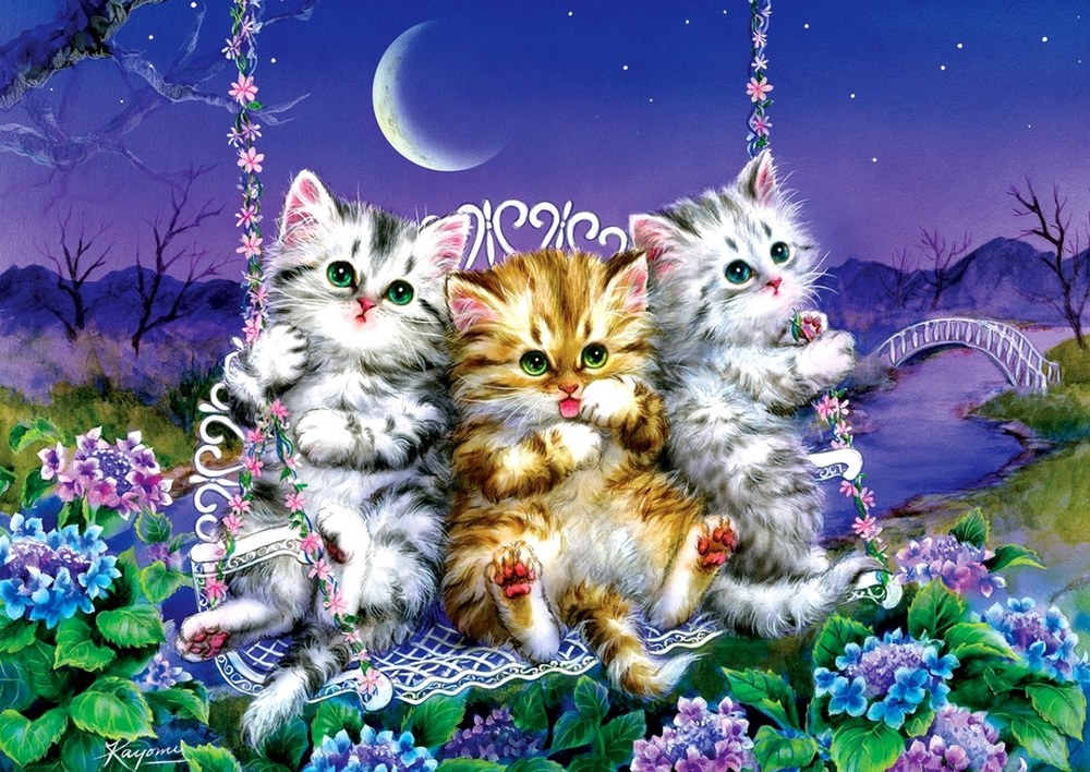 Картина по номерам на холсте 40х50 40 x 50 на подрамнике "Котята на качели среди цветов" DVEKARTINKI #1