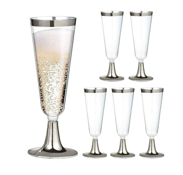ФУЖЕР одноразовый для шампанского 150 мл, бокалы для шампанского, прозрачные с серебряной полосой и съёмной #1