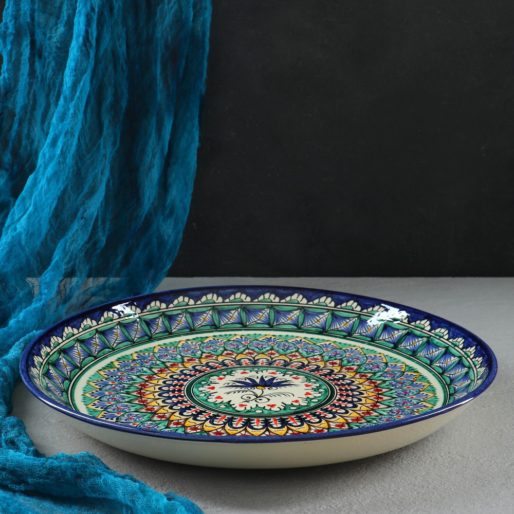 Ляган, блюдо для плова Шафран "Риштанская Керамика", круглый, диаметр 36 см, зелёно-синий  #1