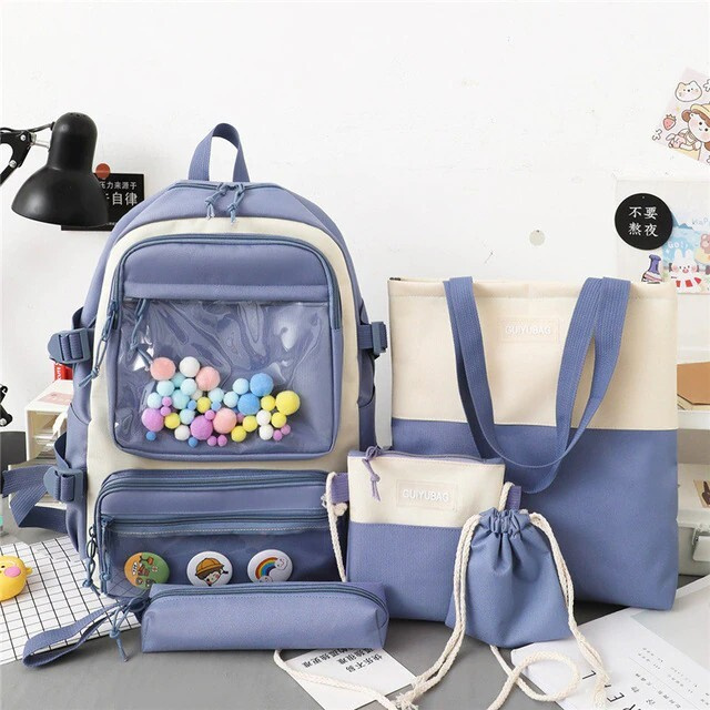 Рюкзак для девочки школьный "Открытки", комплект из 4 предметов, голубой. Рюкзак для девочек 4 в 1 / #1