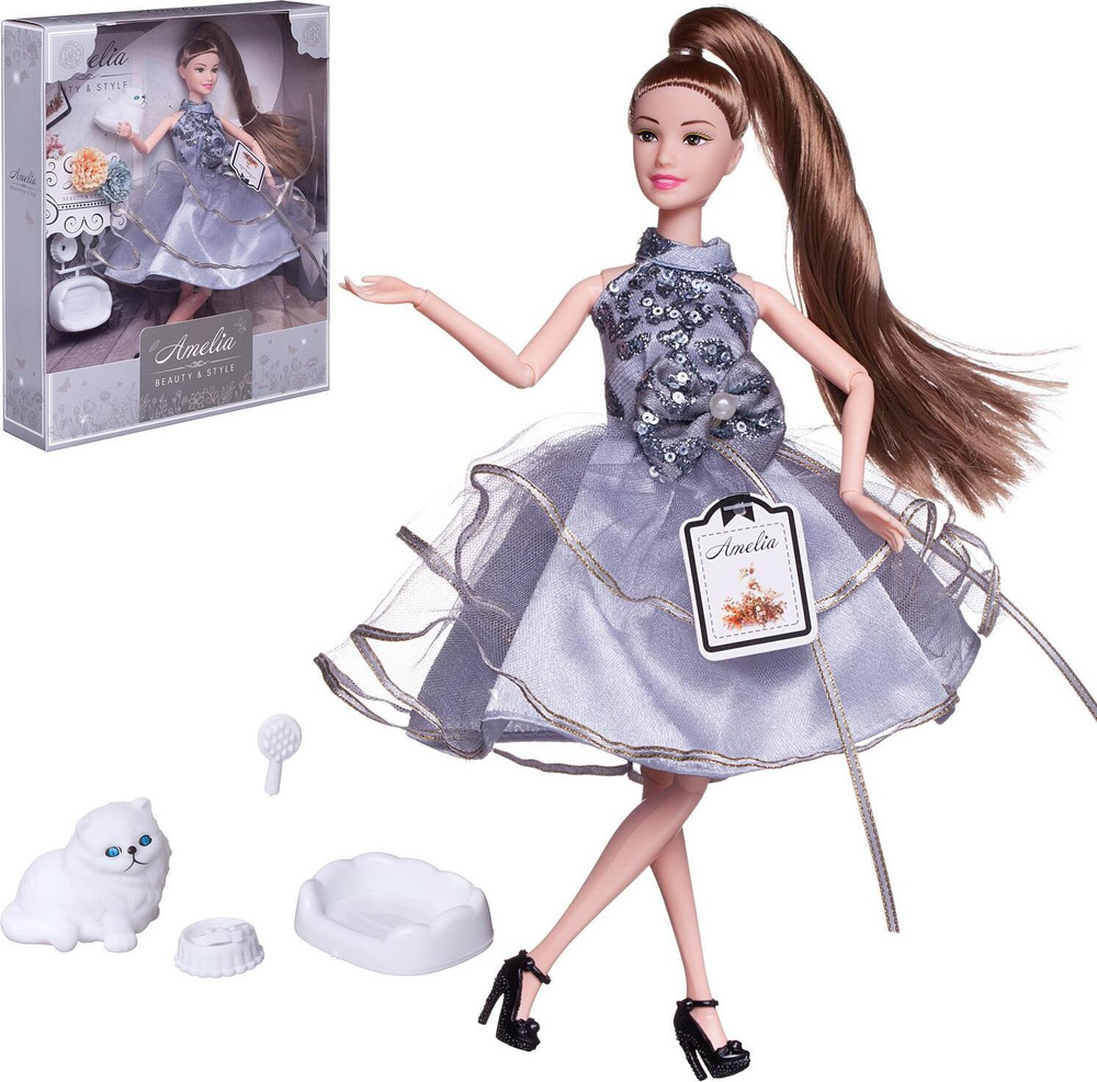 Кукла ABtoys Роскошное серебро с котенком в платье с пайетками с двухслойной юбкой, русые волосы, 30 #1
