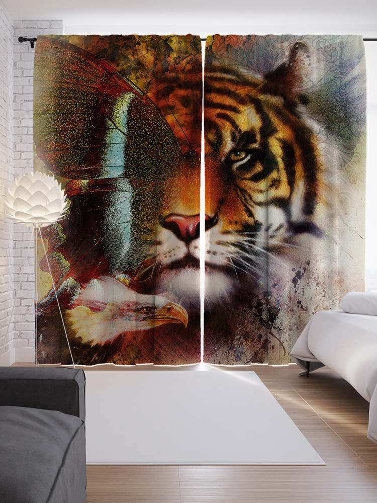 Фотошторы для кухни и спальни JoyArty "Орел и тигр", 2 полотна со шторной лентой шириной по 145 см, высота #1