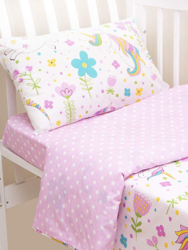 Комплект постельного белья в кроватку 3 предмета EvaKids LITTLE BABY (Единороги и цветы)  #1