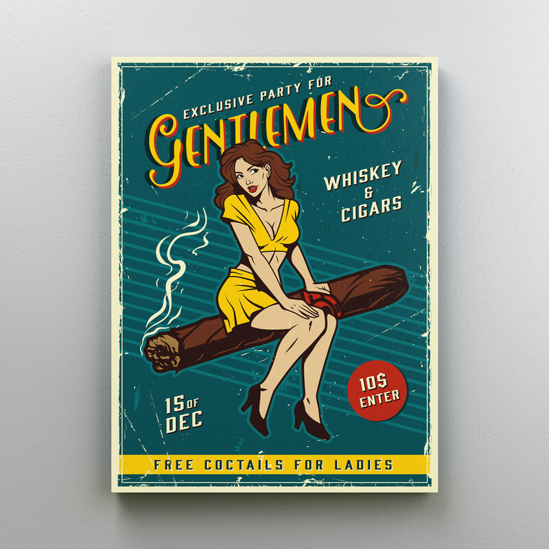 Интерьерная картина на холсте "Винтажный постер - девушка на кубинской сигаре" размер 22x30 см  #1