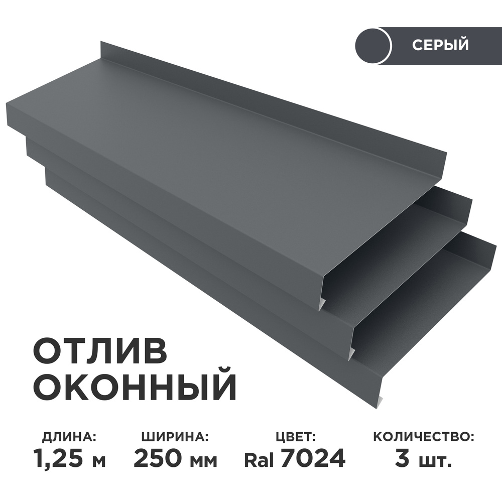Отлив оконный ширина полки 250мм/ отлив для окна / цвет серый(RAL 7024) Длина 1,25м, 3 штуки в комплекте #1