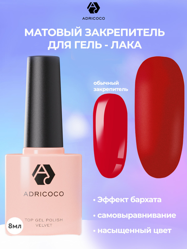 Закрепитель для гель-лака ADRICOCO Velvet (8 мл.)- матовый топ без липкого слоя средней консистенции, #1