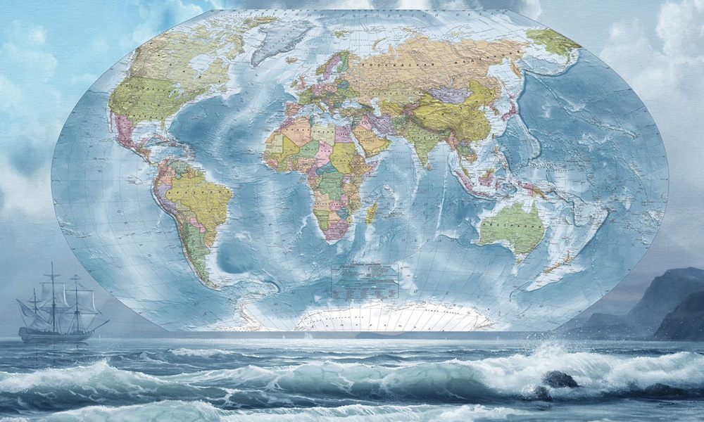 Фотообои флизелиновые на стену 3д GrandPik 80466 "Карта мира на русском, морская", 400х240 см(ШхВ)  #1