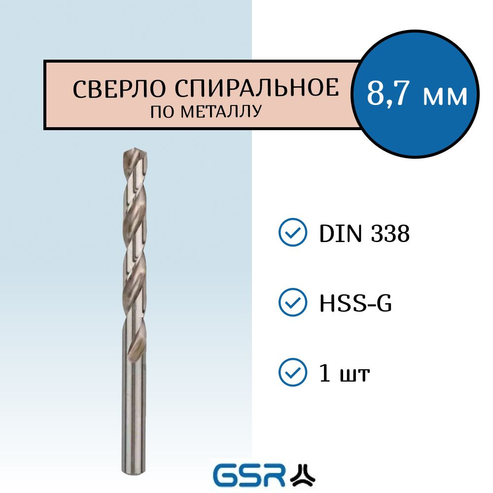 Сверло по металлу спиральное для отверстий 8,7 мм DIN 338 HSS-G GSR (Германия)  #1