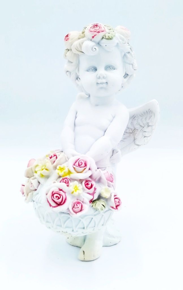Сувенир статуэтка Ангел с корзиной цветов 15см полимерная.  #1