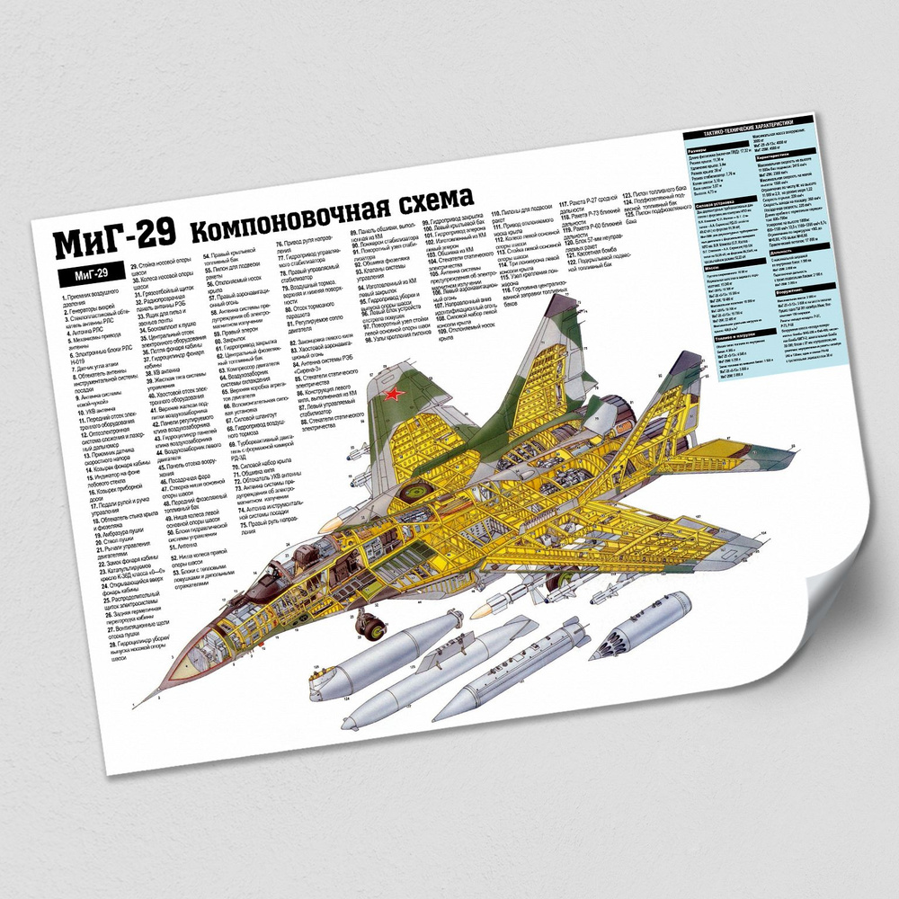 Ламинированный плакат "Компоновачная схема истребителя МИГ-29" / Сити-формат (180x120 см.)  #1