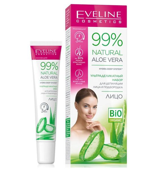 Eveline Cosmetics Набор для депиляции лица и подбородка 99% NATURAL ALOE VERA (ультраделикатный крем, #1
