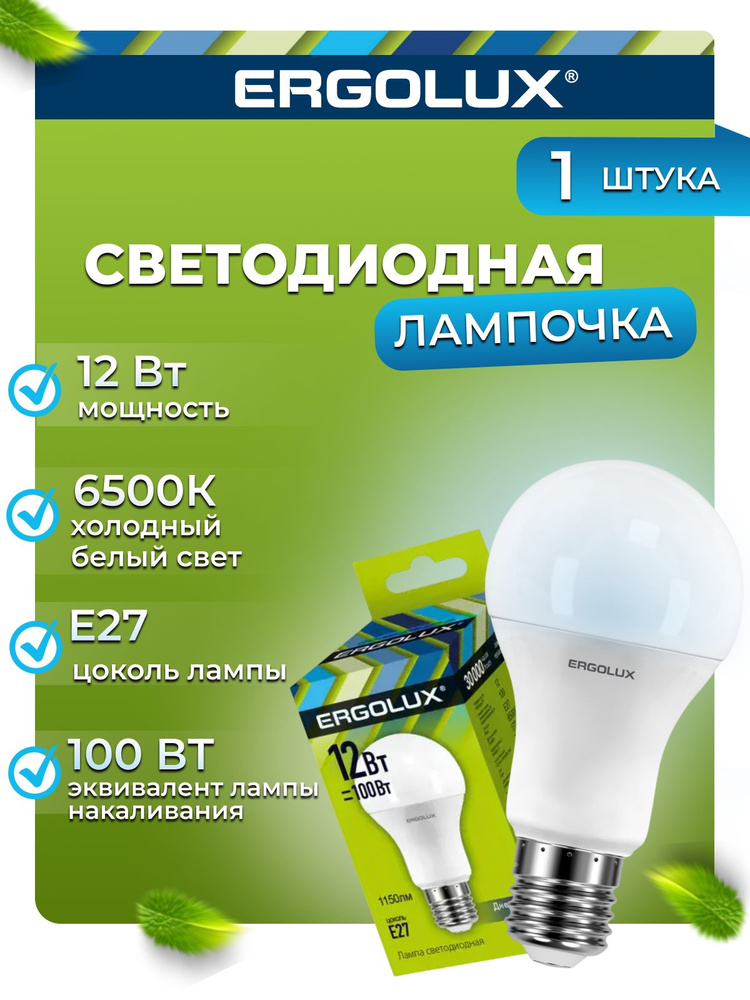 Светодиодная лампочка 6500K E27 / Ergolux / LED, 12Вт #1
