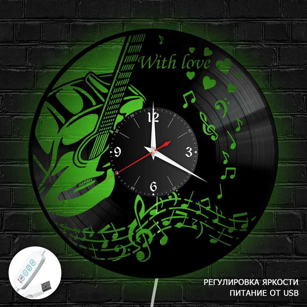 Настенные часы RedLaser "Музыка из винила с зеленой подсветкой, №2", 30 см  #1