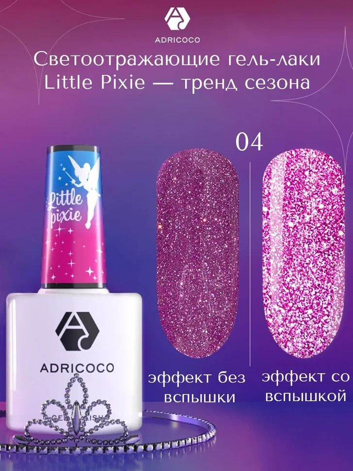 Гель лак для ногтей ADRICOCO Little Pixie малиновый светоотражающий с блестками №04, 8 мл  #1
