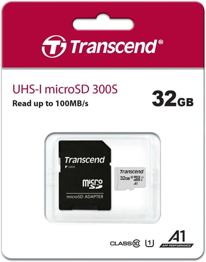 Transcend Карта памяти 300S 32 ГБ (TS32GUSD300S-A, microSDHC + SD адаптер, UHS-I, U1, V10, Class 10, #1