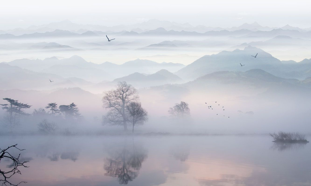 Фотообои GrandPik 10202 "Горное озеро в тумане", 500х300 см(Ширина х Высота)  #1
