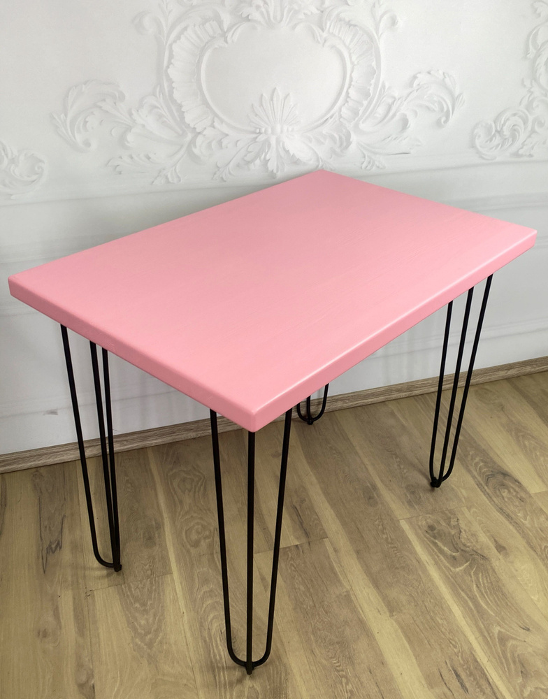 Стол кухонный Loft со столешницей розового цвета из массива сосны 40 мм на черных металлических ножках-шпильках, #1