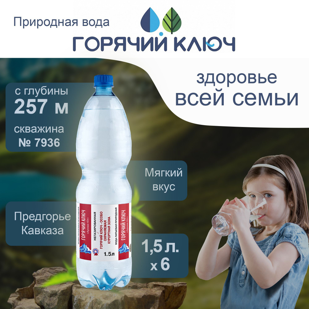 Вода Горячий Ключ скважина 7936. Объем 1.5л*6. Негазированная, Вода минеральная питьевая газированная #1