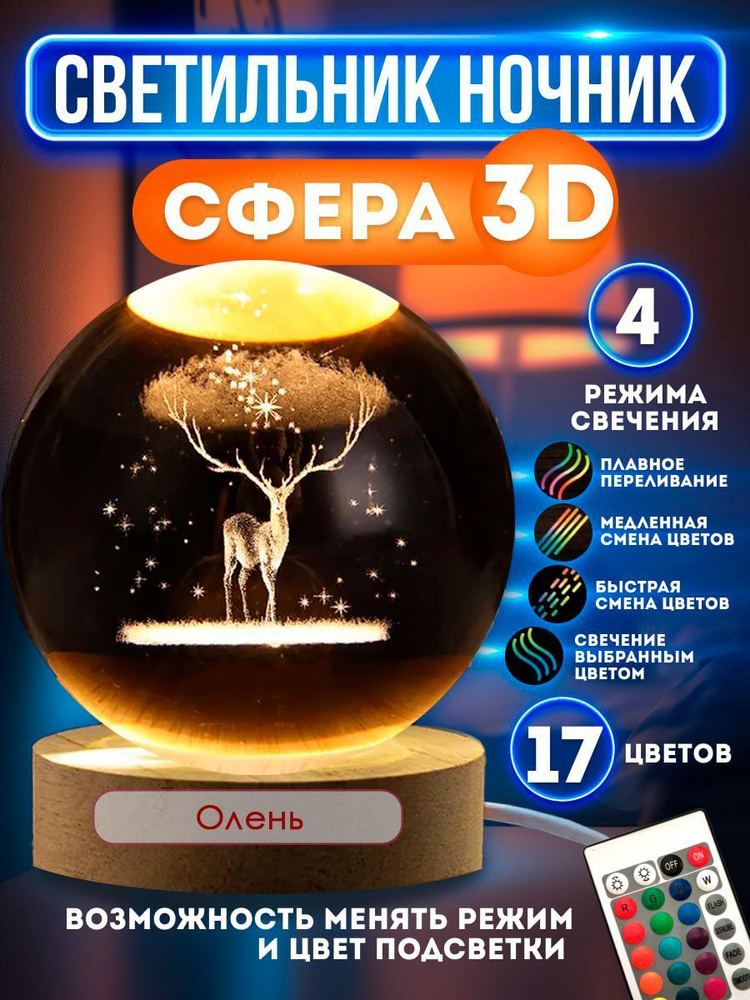 Ночник светильник стеклянный шар лампа 3D #1