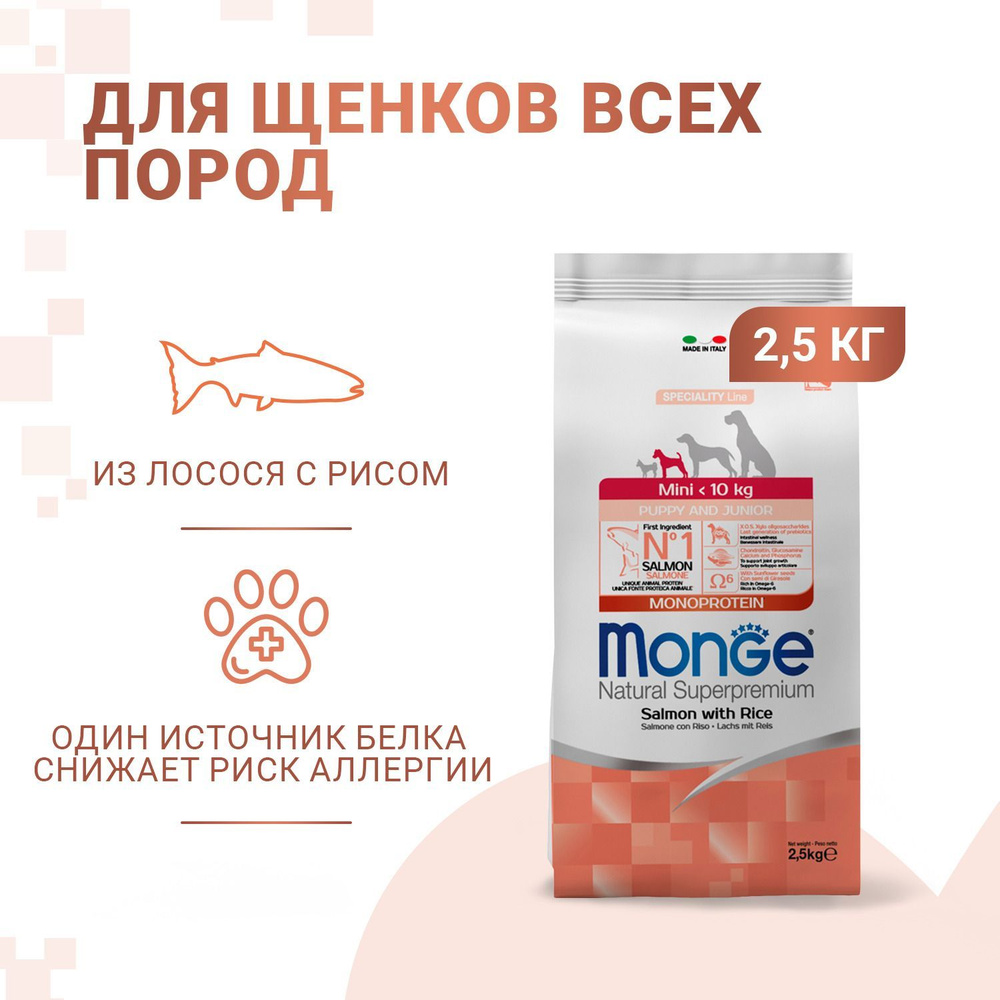 Сухой корм Monge Dog Monoprotein Mini для щенков мелких пород из лосося с рисом 2,5 кг  #1