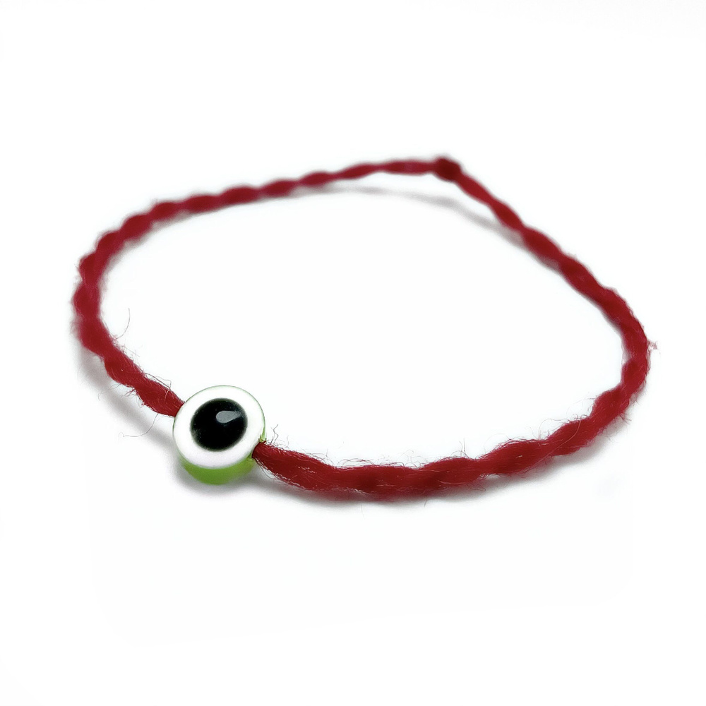 Красная нить Турецкий глаз - 100% шерсть, бусина акрил, 8 мм, плоский, цвет зеленый - от сглаза - браслет, #1