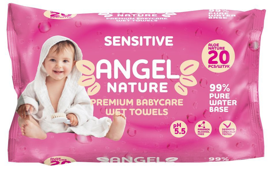 Салфетки влажные детские Angel Sensitive, для чувствительной кожи, розовый 20 шт.  #1