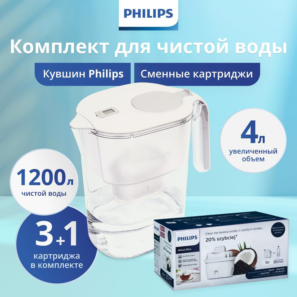 Комплект: Кувшин для воды Philips AWP2938WHT/51, 4 литра с фильтр-картриджем в комплекте, цифровой таймер+ #1