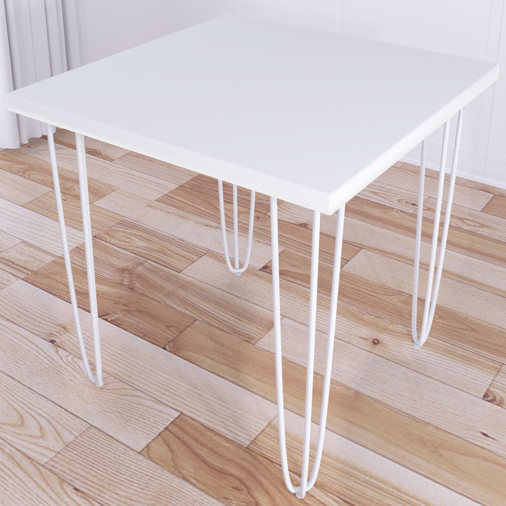 Стол кухонный Loft с квадратный столешницей белого цвета из массива сосны 40 мм и белыми ножками-шпильками, #1