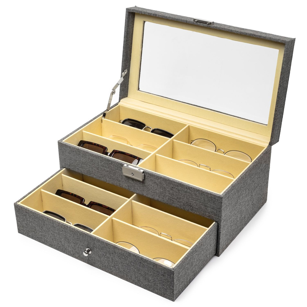 CLOX box / Шкатулка для очков, коробка для хранения 12 очков со стеклом двухуровневая, серая  #1