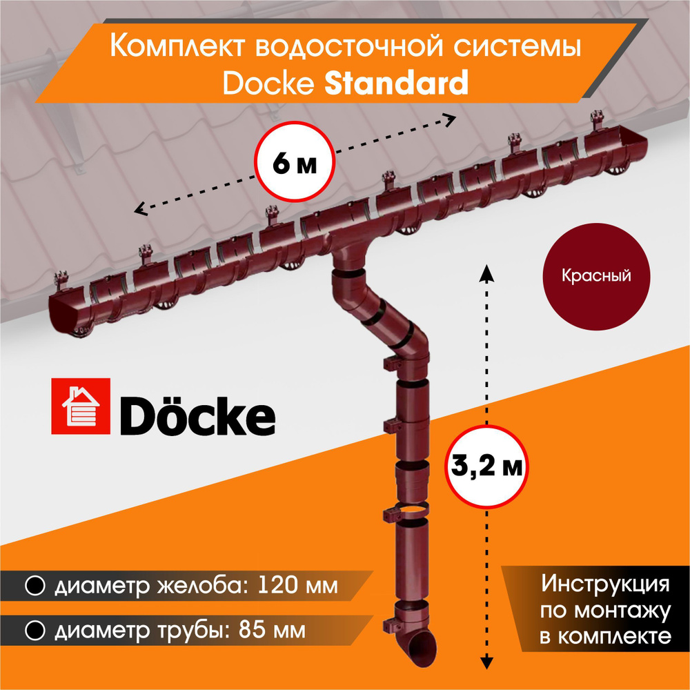 Комплект водосточной системы Docke Standard для ската 6м, Красный (RAL 3005)  #1