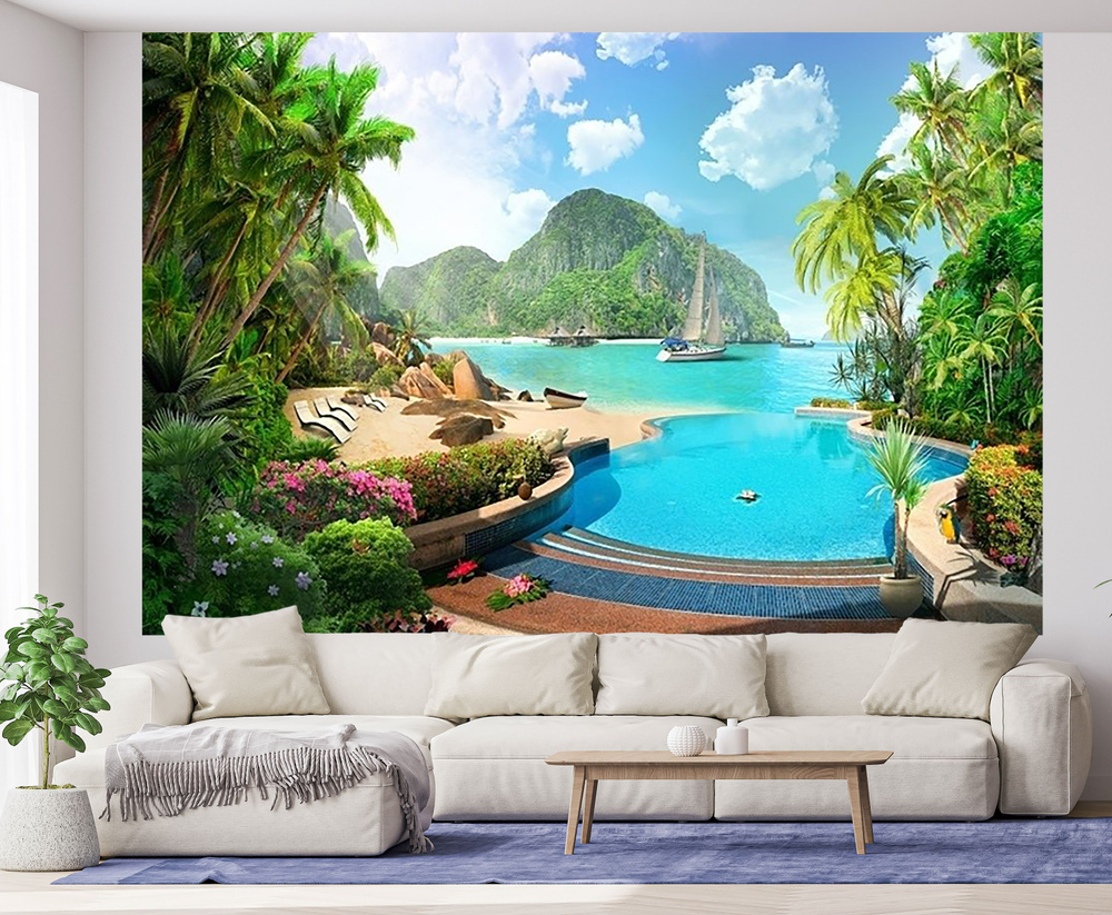 Фотообои на стену флизелиновые, Пляж на море с островами и пальмами 3д, 300*200 см, рельефные, с виниловым #1