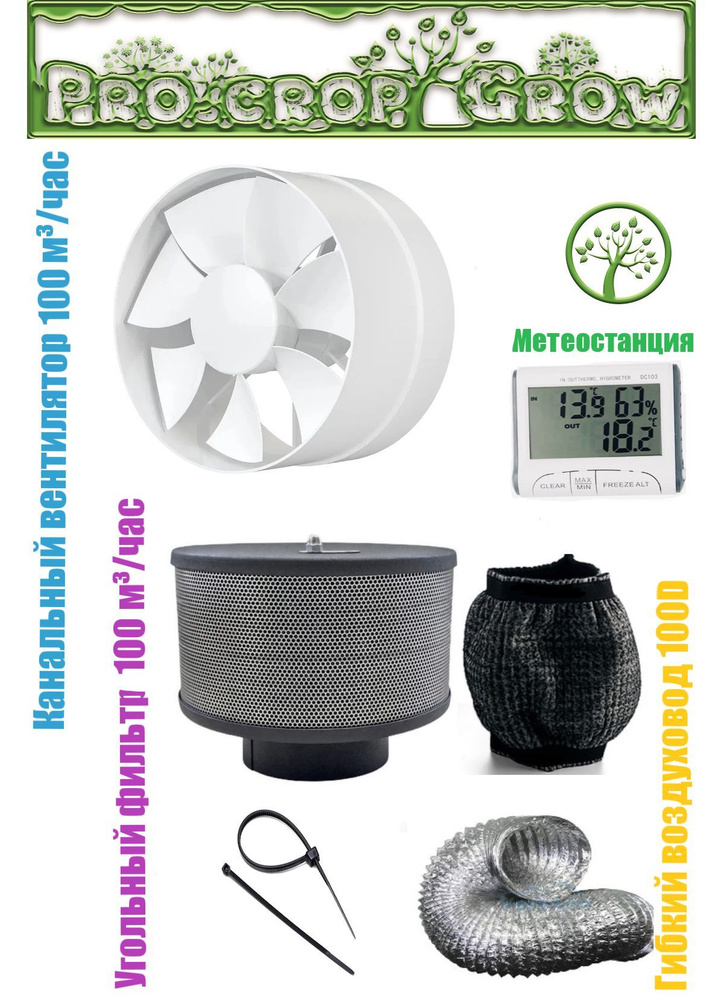 Набор комплект вентиляции для гроубокса Growbox Канальный вентилятор + Угольный Фильтр + Гофра + Метеостанция #1
