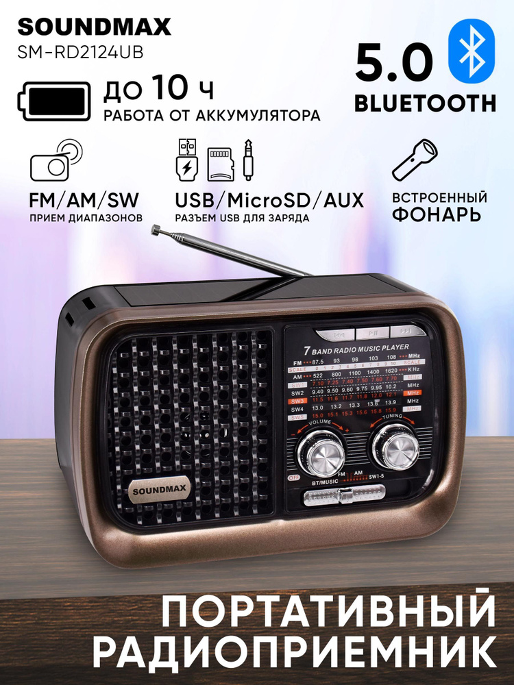 Портативный радиоприемник Bluetooth SM-RD2124UB, 1200 мАч, 6Вт, солнечная батарея  #1