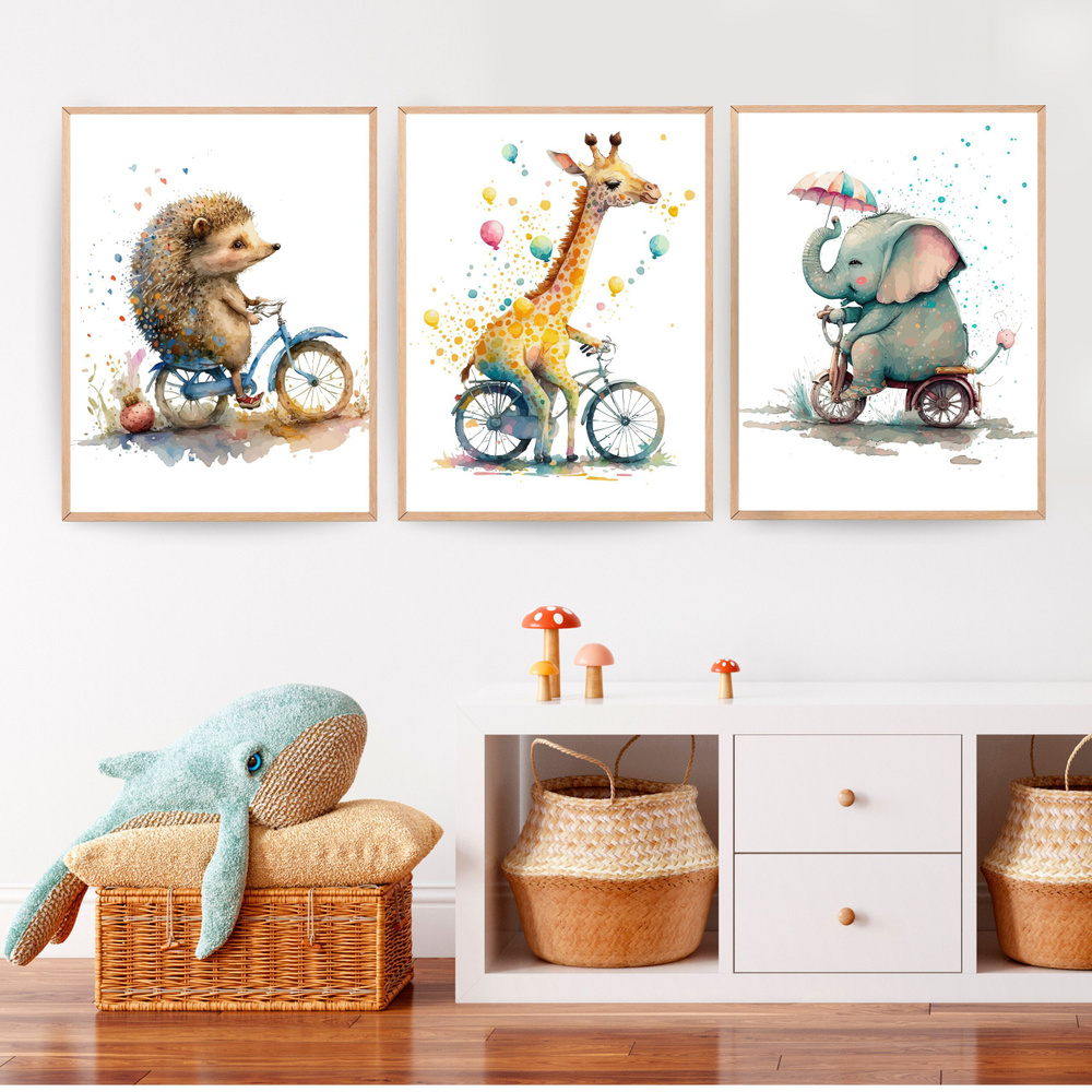 Постеры в детскую "Животные на велосипеде: слон, ёжик и жираф и яркие брызги" 3 шт, 30х40 см, постеры #1