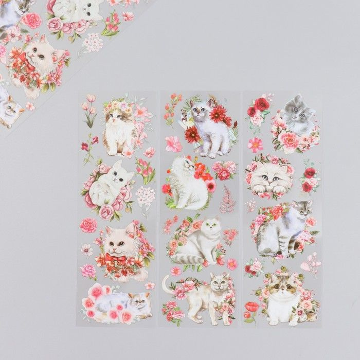 Наклейки для творчества Белые котики и розовые цветы набор 6 листов 18х6 см  #1